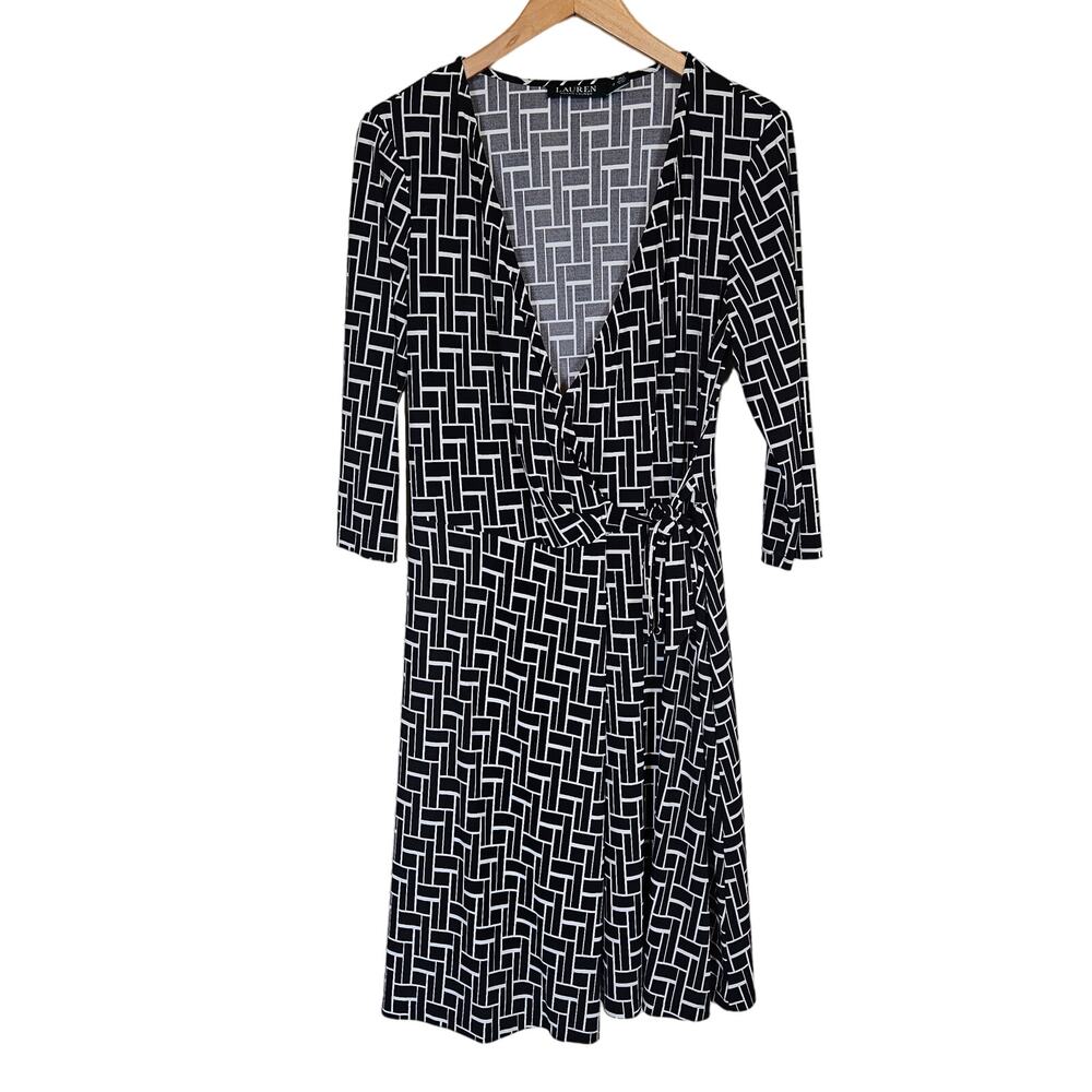 Lauren Ralph Lauren Faux Wrap Dress 3/4 Sleeves Geometric Women's 12 Office
